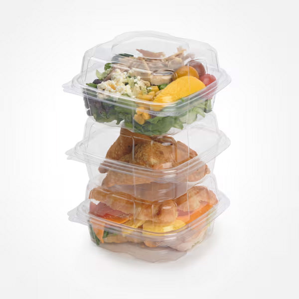 3 stack of Ultra Veratile  6 x 6 x 3" Food Packaging, with a sandwich, samosas and a salad.