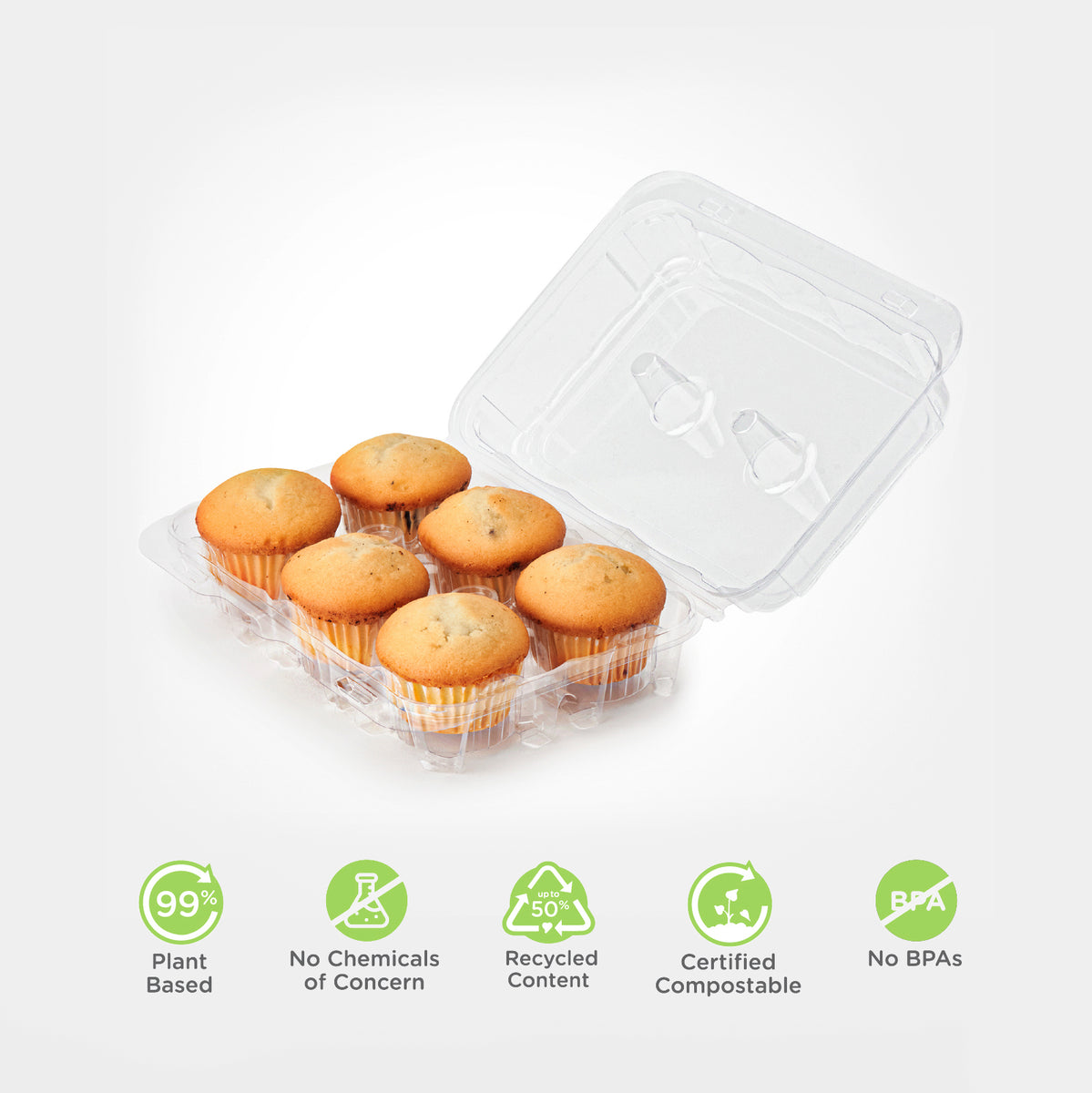 6 Cupcake & Muffin Container | Bioplastic Box for 6 Count 2.75 Cupcakes Items / Case: 300 / Crystal Clear Made by Good Natured Products Inc.
