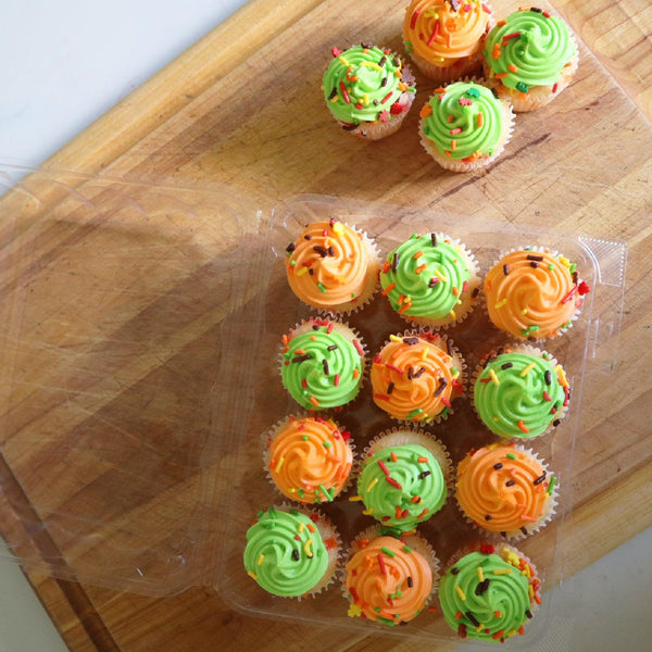 12-pack 2.5" Mini Cupcake & Muffin container filled with yummy orange and green cupcakes with sprinkles.