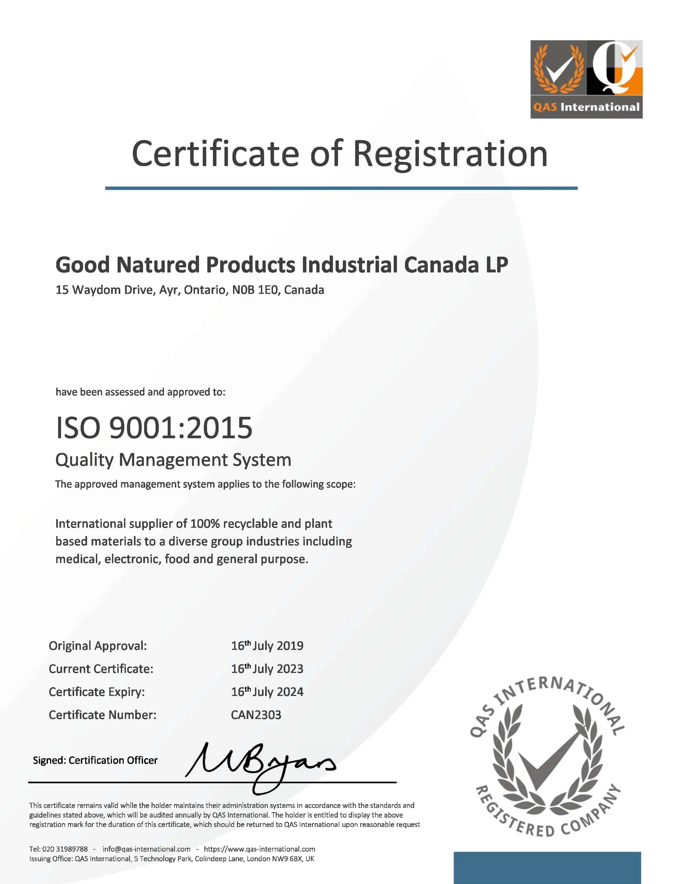 Ayr, Ontario facility ISO 9001 certification