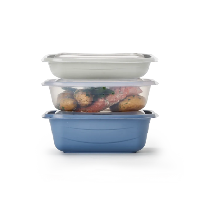 Stack of 3 GoodToGo containers in 16, 24 & 32 oz in Stone, Mist & Dusk.