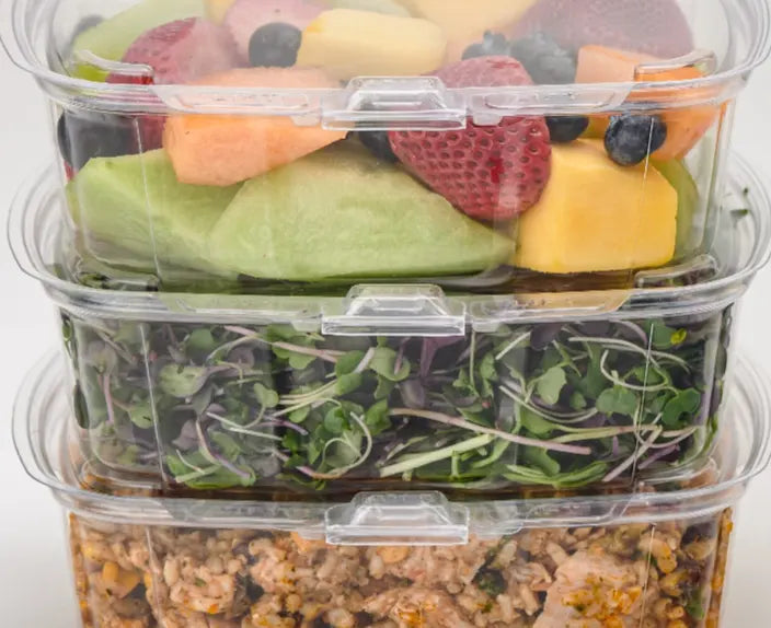 3 stack of Goodguard conatiners with fruit, microgreens and quinoa salad.