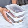 Stack of 3 GoodToGo microwavable containers with microwave safe lids. 