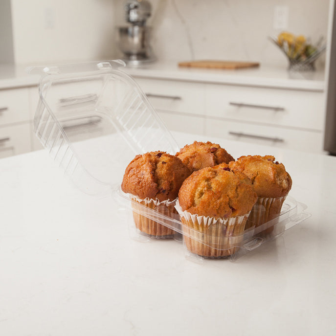 Delcious lemon muffins in a clear rigid thermoformed 4-pack muffin and cupcake package