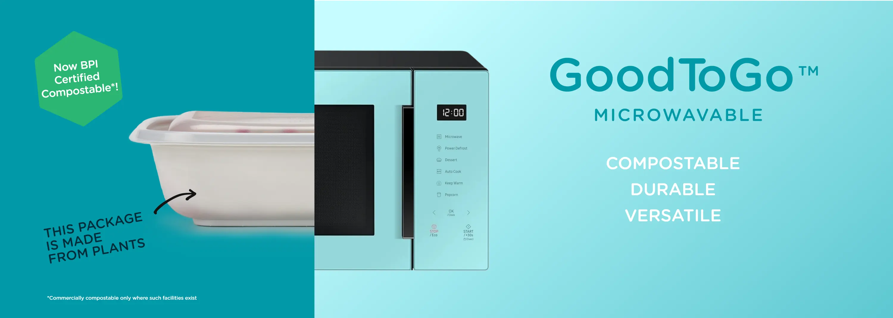 Split image showing a GoodTo Go conatiner and a microwave oven.