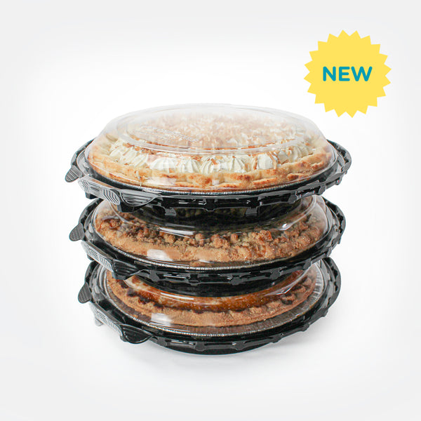 A 3 Stack of 8" savory pies, sealed in a Tamper Evident durable pie package.