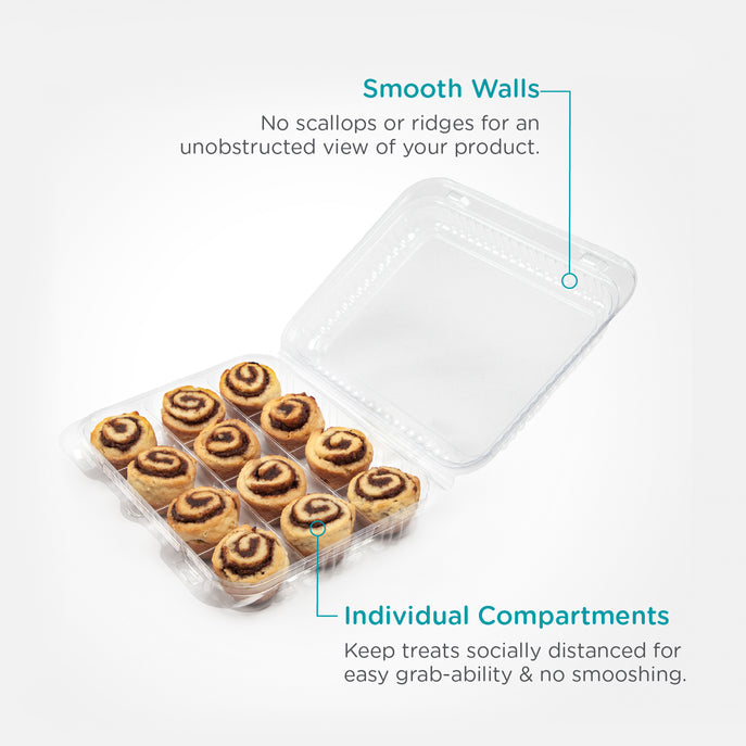 Open divident container with mini cinnamon rolls