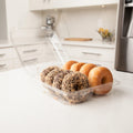 compostable box for 2 rows of circular baked goods, containing 8 donuts