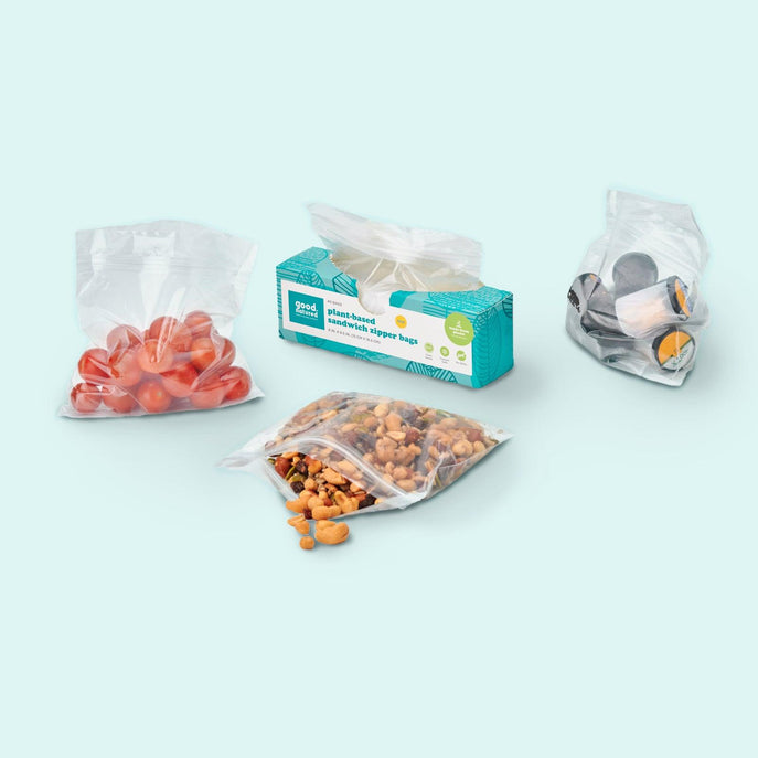 eco-friendly sandwich bags used to hold tomatoes, trail mix, and other items