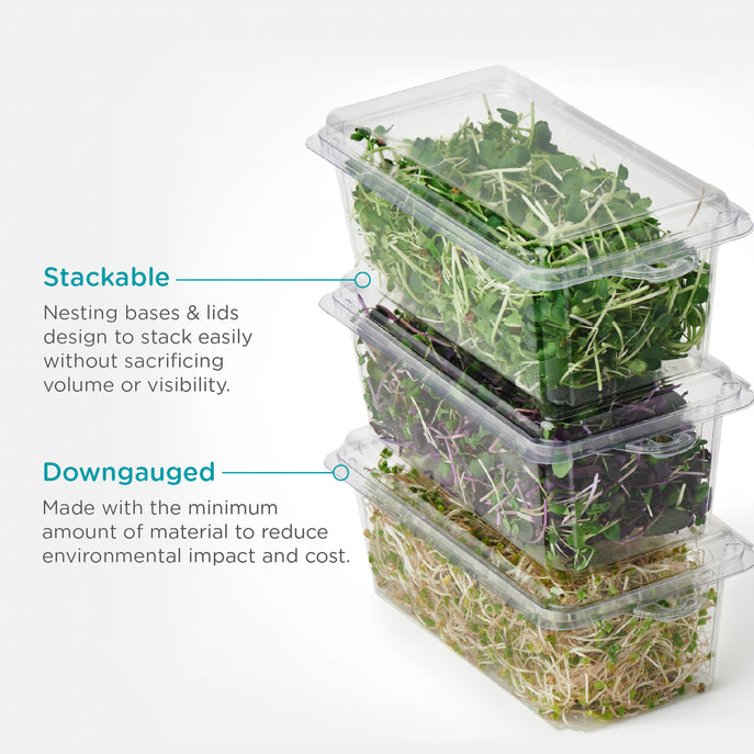 Stack of 3 containers filled with microgreens, nested together.